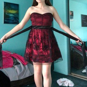 Burgundy/Red and black strapless dress
